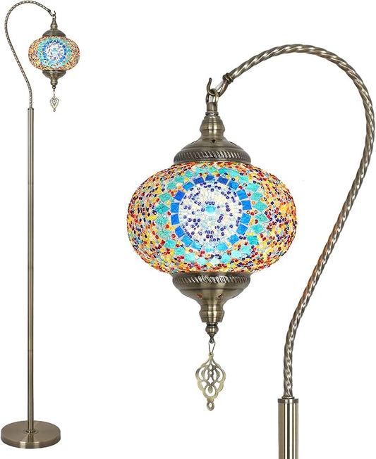 Turkish Floor Lamp, Modern Moroccan Lamps for Living Room with Handmade Mosaic Glass Shade, Vintage Floor Lamp Tall Pole Lamp, Bronze Tiffany Standing Lamps for Bedroom Corner Light