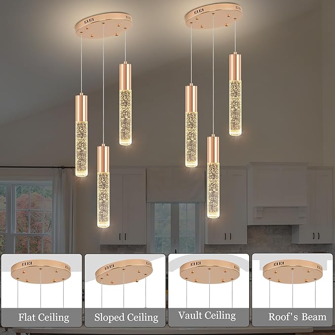 Modern Crystal Chandelier for Kitchen Island 3-Lights, Elegant Gold LED Bubble Pendant Lighting Fixture for Dining Room Bedroom Entryway