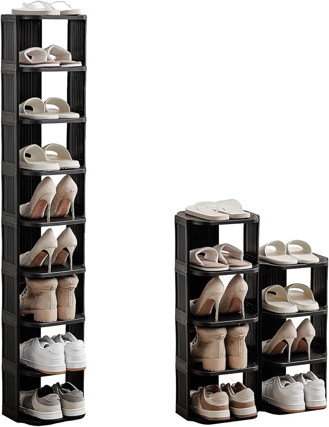 Vertical Shoe Rack, 9-Tier Plastic Stackable Storage Shelf for Small Closets and Narrow Spaces, Compact Free Standing Shoe Racks for Entryway Bedroom Dormitory