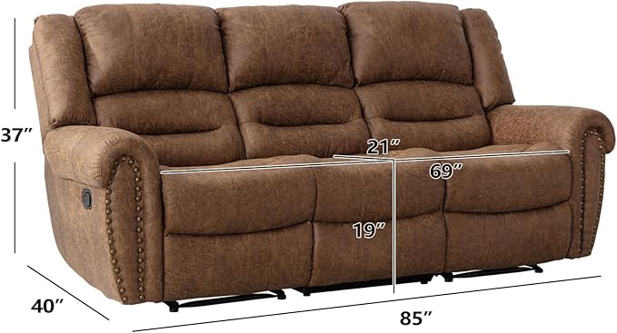 EBELLO Faux Leather Manual Reclining Sofa Recliner, 3 Seat Loveseat Sofa Chair, Couch for Living Room, Bedroom Furniture, Meeting Room, Brown (3 Seat Sofa)