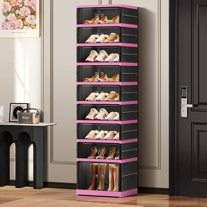 9-Tier Foldable Shoe Rack Organizer for Closet,18 Pairs Collapsible Plastic Shoe Shelf,Clear Stackable Shoe Storage Boxes with Door Easy Assembly,Shoe Cabinet with Lids Large（Black-Pink）