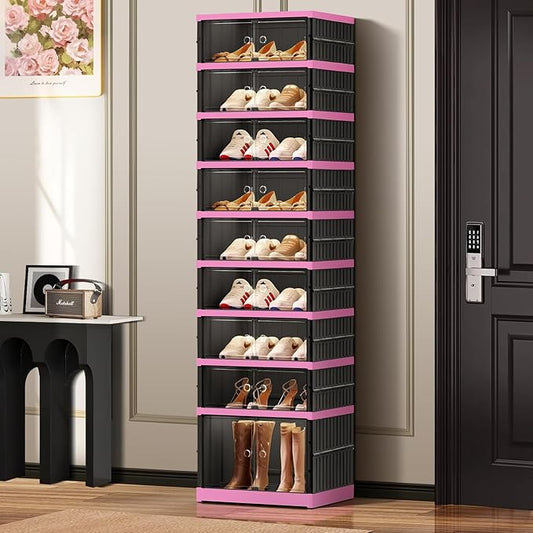 9-Tier Foldable Shoe Rack Organizer for Closet,18 Pairs Collapsible Plastic Shoe Shelf,Clear Stackable Shoe Storage Boxes with Door Easy Assembly,Shoe Cabinet with Lids Large（Black-Pink）
