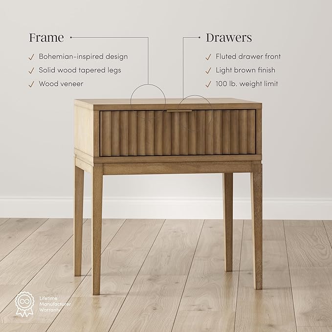Nathan James Boho Jasper Wood Nightstand with Drawer, Fluted Side Table or End Table with Storage, Light Brown, Set of 2