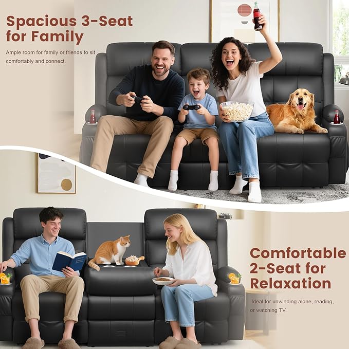 Recliner Sofa, Massage Reclining Sofa 3 Seater Sets Heavy Weight Capacity, RV Loveseat Couch Clearance with Flip Back Console, Storage, Cup Holders, Wall Hugger Reclining Couch for Living Room