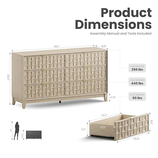 COLAMY Fluted Dresser, Modern Wooden 6 Drawer Dresser 55”, Side Board Buffet Storage Cabinet, Accent Cabinet with Metal Handles for Bedroom, Entryway, Hallway, Oak