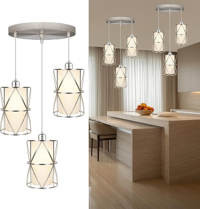 Brushed Nickel 3 Light Chandelier, Adjustable Height Pendant Lights Kitchen Island, Modern Dining Room Light Fixture with Linen Shade, Kitchen Light fixtures for Dining Room, Bathroom