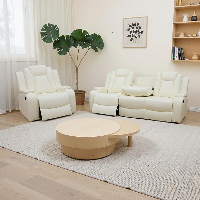 Breathing Leather Power Recliner Sofa Set, 2 Piece Leather Couch and Recliner Chair Set, Living Room Furniture Set with USB Charging/LED Lights (Creamy White, Sofa+Chair)