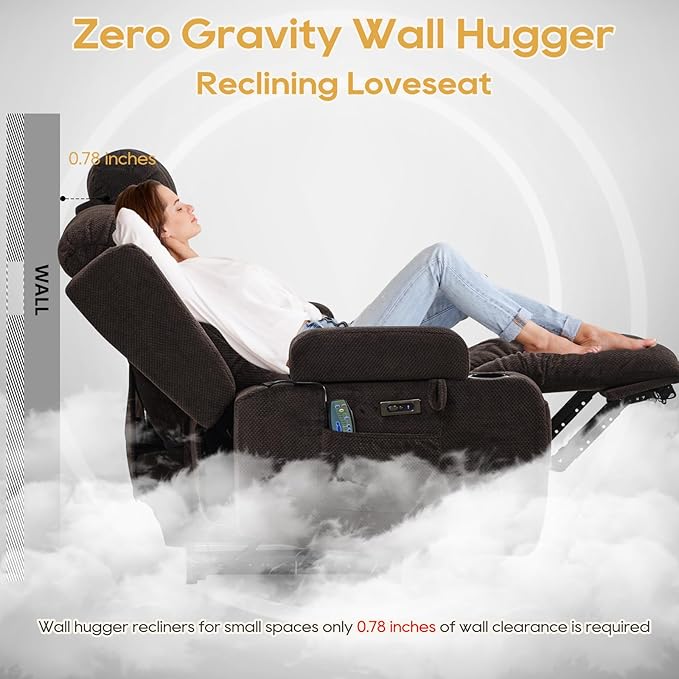 IPKIG Power Recliner Sofa with Flip-Up Backrest Console, USB & USB-C Ports, AC Outlet, LED Lights, Wall Hugger Recliners for Living Room, RV (Dark Brown, 67" - 3 Seat) | Velvet Fabric, Zero Gravity, Dual Reclining, 2 Lumabr Pillow, Bluetooth Speakers