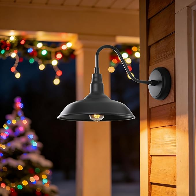 Black Outdoor Barn Light with Wall Mount 2 Pack Exterior Gooseneck Lights with 10" Dome, Farmhouse Style Outside Wall Sconce for House, Porch, Patio