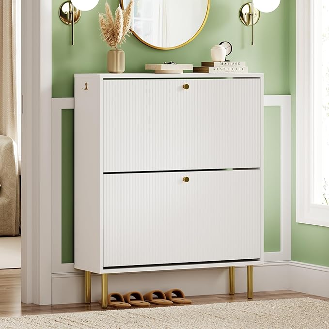 Nicetree Shoe Storage Cabinet for Entryway - 2 Flip Drawers Shoe Cabinet with Tiered Fluted Design - Slim Shoe Storage Rack with Gold Legs - Narrow Shoe Cabinet Hidden Shoe Organizer for Small Spaces