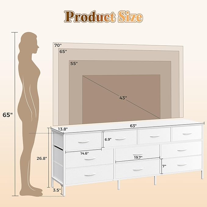 Huuger 63 Inch Dresser for Bedroom, Long Dresser with 10 Fabric Drawers, TV Stand for 55, 65, 70 Inch TV, Toy Storage Organizer for Closet, White