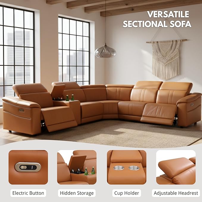 Breathing Leather Recliner Sectional Sofa, Reclining Sectional Couch with Adjustable Headrest&Storage Console, L Shaped Couch with Dual Recliner for Living Room (Light Brown)
