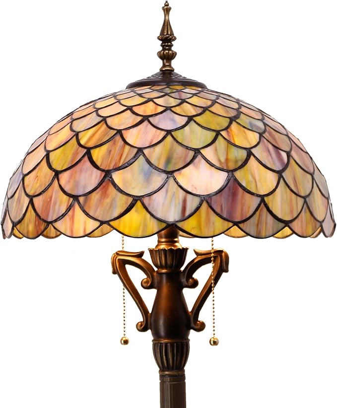 Tiffany Floor Lamp Brown Fish Scales Stained Glass Standing Reading Light 16X16X64 Inches Antique Pole Corner Lamp Decor Bedroom Living Room