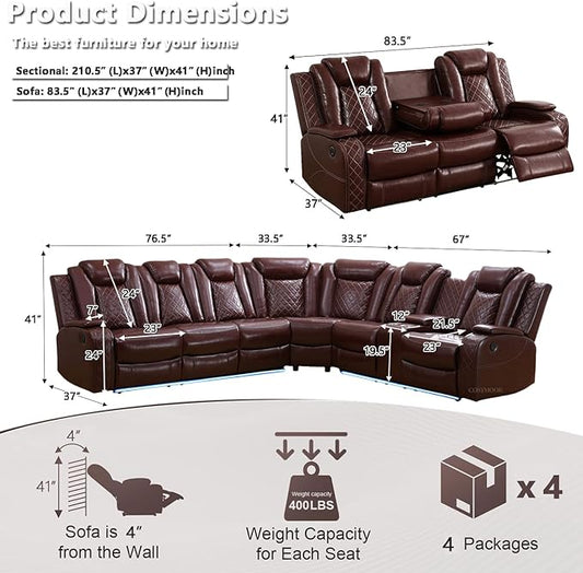 Power Recliner Sectional Sofa Set with LED, Luxury Breathing Leather Reclining Corner Couch Set, 9 Seat L-Shaped Sofa Couch Set with 3 Seats Sofa, Cup Holders/Storage for Living Room