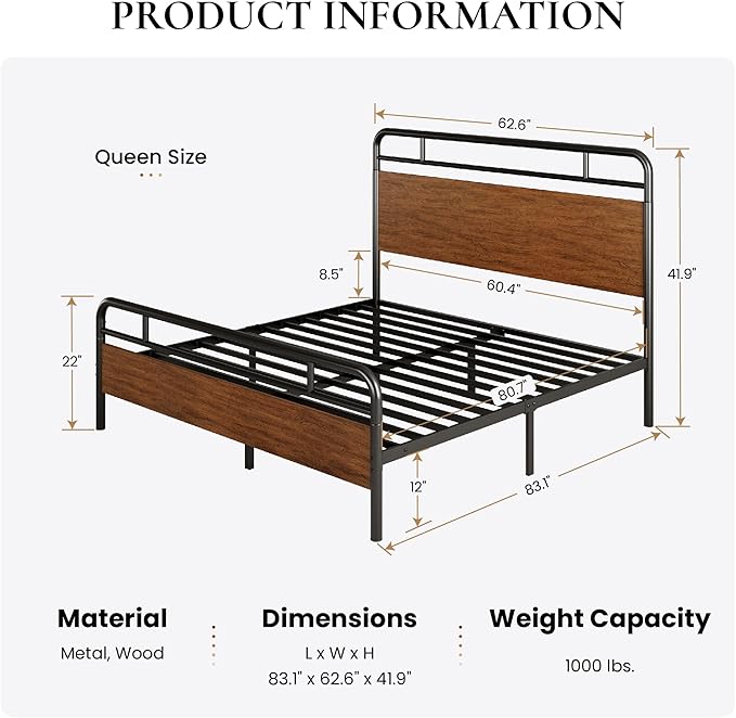 SHA CERLIN Queen Size Bed Frame with Wooden Headboard and Footboard, Rounded Corner Metal Structure, Heavy Duty Slats with Under-Bed Storage, No Box Spring Needed, Walnut