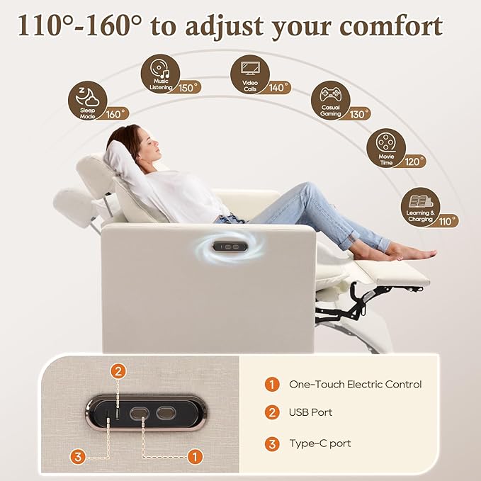 3-Seat Power Reclining Sofa with Under-Seat Storage, USB Ports, Chenille Upholstery, Removable Headrests & Throw Pillows, Power Reclining Couch for Living Room (Cream)