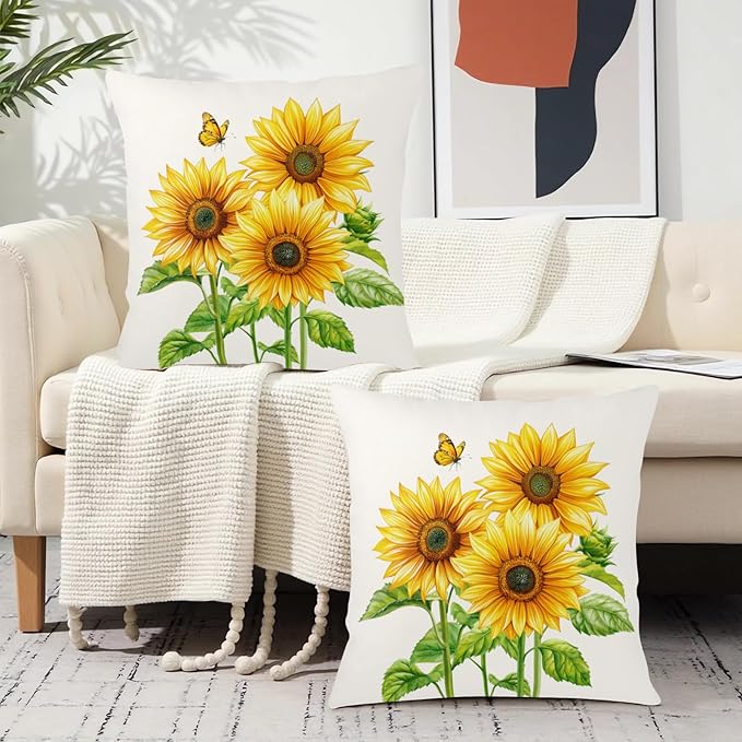 Sunflower Throw Pillow Covers 18x18 Set of 2 Watercolor Yellow Floral Decorative Pillow Cases Summer Outdoor Farmhouse Throw Pillows for Home Couch Sofa Porch Living Room