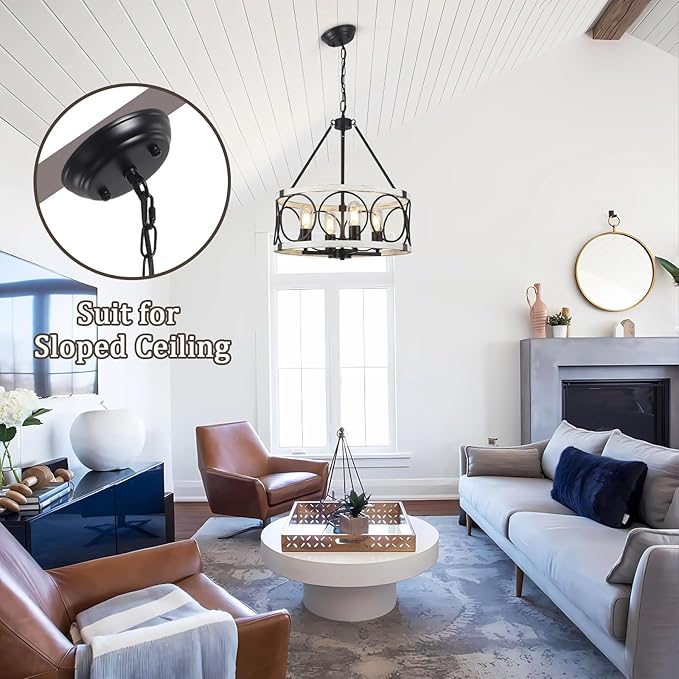 Farmhouse Chandelier for Dining Room 4 Light, 17.71" Round Farmhouse Light Fixture, Rustic Kitchen Lighting Fixtures Hanging Drum Chandeliers for Entryway Foyer Bedroom-Black & White Oak