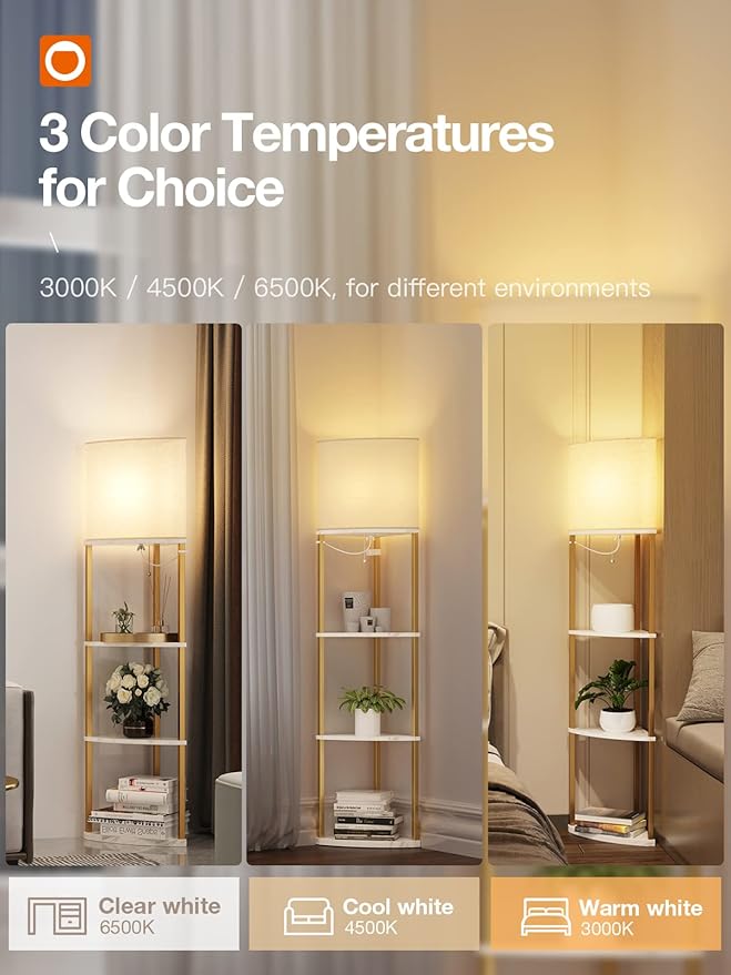 addlon 4-Tier Sector Corner Shelf Floor Lamp with 3 Color Temperatures LED Bulb and White Lamp Shade - Display Floor Lamps with Shelves for Living Room, Bedroom - Marble Texture