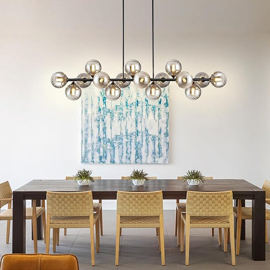 Chandelier,16-Light Black Linear Sputnik Chandelier 55inch Large Pendant Lights Kitchen Island Modern Chandeliers for Dining Room Light Bubble Gray Globe Kitchen Island chandelier Farmhouse Chandelier