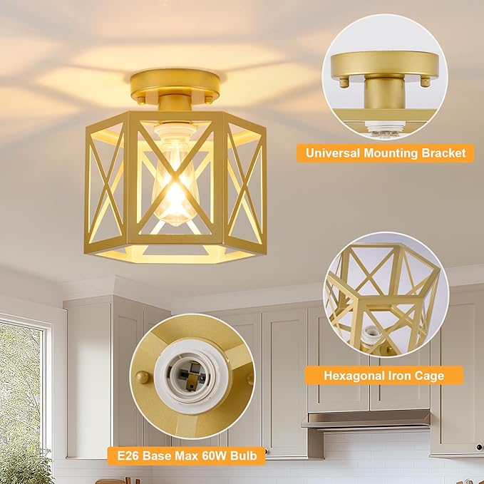2 Pack Gold Semi Flush Mount Ceiling Light, Farmhouse Hallway Light Fixture Ceiling Mount, Metal Chandelier with Hexagonal Cage, Vintage Lantern Lamp for Kitchen Porch Sink