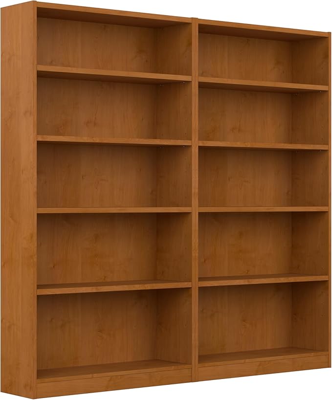 Bush Furniture Universal Tall 5 Shelf Bookcase in Natural Cherry - Set of 2, Matching Storage and Display Bookshelves for Home Office or Living Room Organization