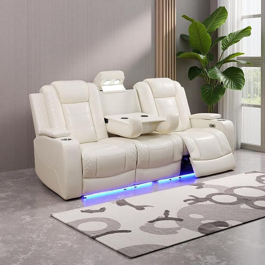 Power Theater Recliner Sofa Couch with LED, Breathing Leather Reclining Couch, Recliner Furniture for Living Room with Storage/Cup Holders/Read Light/Home Theater Seat, Cream White(3 Seater)