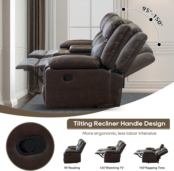Loveseat Recliner Sofa, PU Leather Sofa Couch, Manual Recliner Loveseat with Console, Double Reclining RV Sofa with Cup Holders and Side Pocket for Living Room/Office/Apartment (Brown) | Heating & Massage, Hidden Drawer