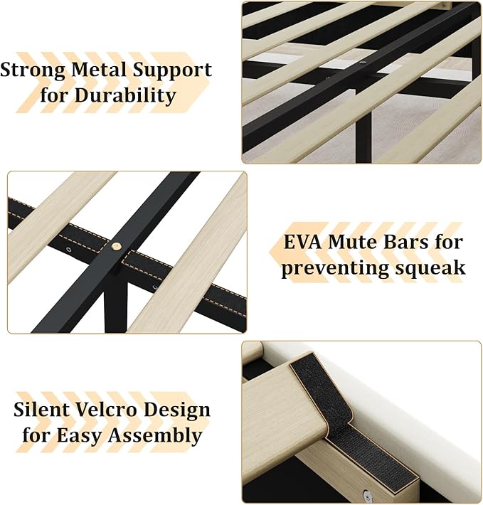 Queen Size Bed Frame with Headboard, Velvet Upholstered Platform Bed Frame No Box Spring Needed, Queen Sized Modern Bedframe with Strong Wooden Slats, Beige