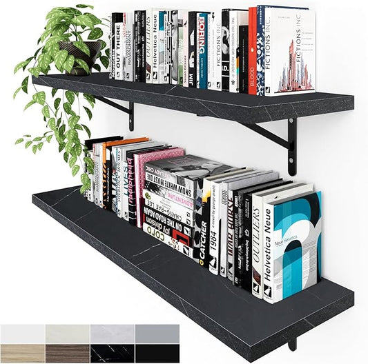 Kaboon 36 inch Long 10 inch Deep Floating Shelves for Wall Set of 2, Large Open Shelves Wall Mounted, Space Saving Home and Commercial Use, Cloud Atlas/Black Marble