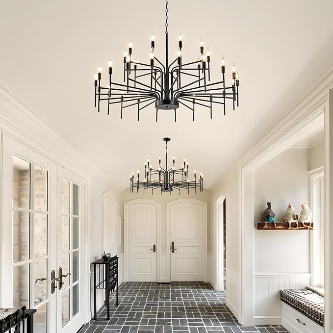 Black Chandelier 30 Light Large Modern Farmhouse Chandeliers for Dining Room Lights Fixture, 47" Round Candle Large Chandeliers for High Ceilings Living Room Foyer Entryway 2 Tier
