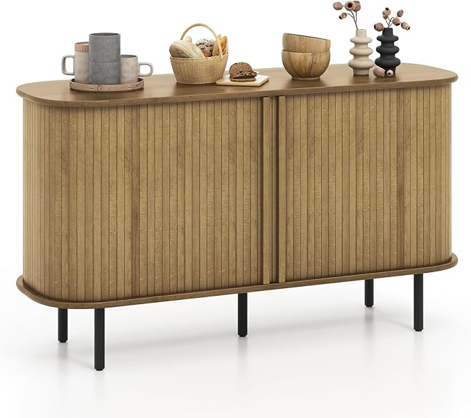 Giantex Kitchen Storage Cabinet, 47” Buffet Cabinet with Storage, Wooden Sideboard w/ 2 Sliding Tambour Doors, Adjustable Shelves, Credenza for Living Room Dining Room, Console Table for Entryway