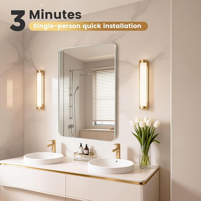 20X30 Inch Brushed Nickel Bathroom Mirror for Wall, Brushed Silver Metal Framed Mirror, Rounded Rectangle Silver Bathroom Mirrors,Color Scheme Matching The Stainless Steel Texture