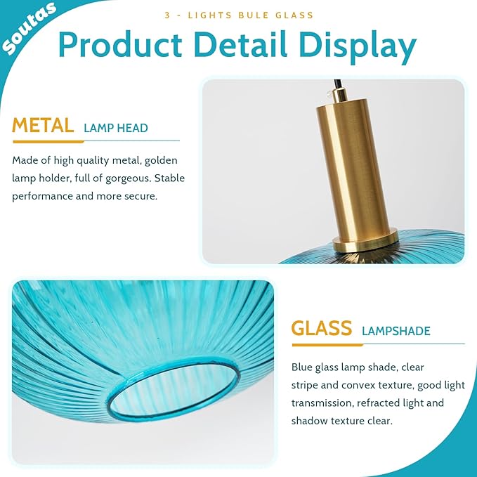 3-Light Pendant Chandelier Gold Cluster Pendant Lighting Blue Glass Pendant Lights Kitchen Island Lights Ceiling Hanging Modern Dining Room Pendant Light Fixtures Over Table