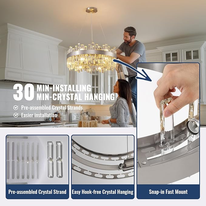Crystal Chandelier for Dining Room, 12-Light Chrome Silver Round Chandelier, 23.6-inch K9 Crystal Raindrop Ceiling Light, Luxury Flush Mount Light Fixture for Kitchen Living Room
