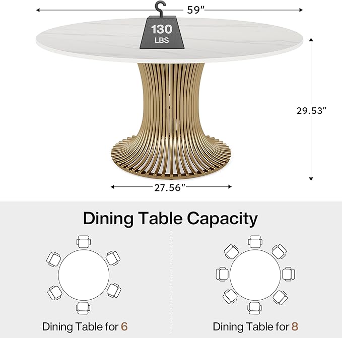 Tribesigns 59" Modern Sintered Stone Round Dining Table for 6-8, Luxury White Kitchen Table with Golden Stainless Steel Pedestal for Dining Room,Living Room (Only Table)