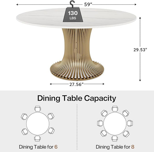 Tribesigns 59" Modern Sintered Stone Round Dining Table for 6-8, Luxury White Kitchen Table with Golden Stainless Steel Pedestal for Dining Room,Living Room (Only Table)