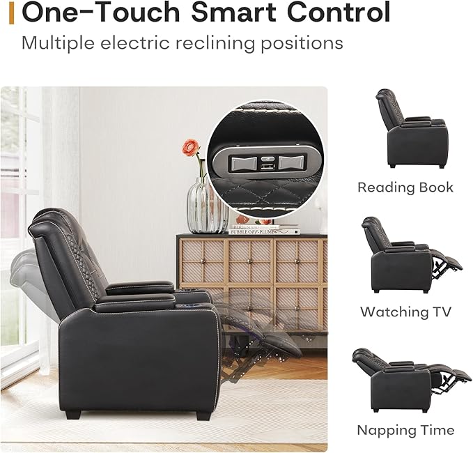 ANJ Power Reclining Loveseat, 2-Seater Electric Recliner Sofa with LED Lights, USB Charging & Cup Holders, Faux Leather Living Room Furniture for Home Theater, Small Spaces & RV (Black)