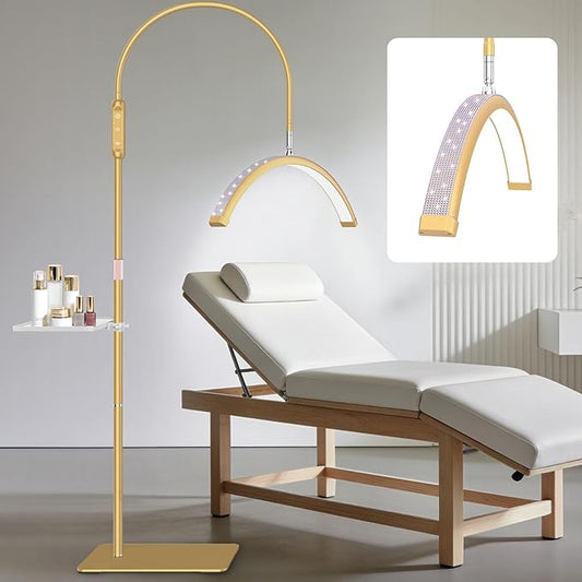 Bling Lash Light for Eyelash Tech, Flexible Neck Led Half Moon Light Floor Lamp for Extensions Tattoo Artists, Professional Shadow-Free Esthetician Light with Stand Tray, Crystal Diamond Gold