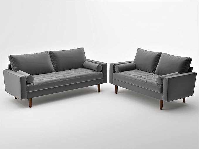 Container Furniture Direct Womble Modern Velvet Upholstered Living Room Diamond Tufted Chesterfield with Gleaming Nailheads, Loveseat, Sofa, Silverish Grey