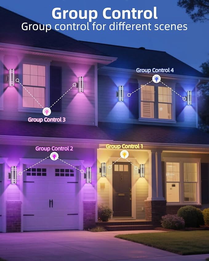 Smart Stainless Steel Outdoor Wall Light 2 Pack, WiFi RGB Up and Down Sconce with Dusk to Dawn Sensor, Color Changing Exterior Lighting Fixtures, Compatible with Alexa & Google, Remote Included