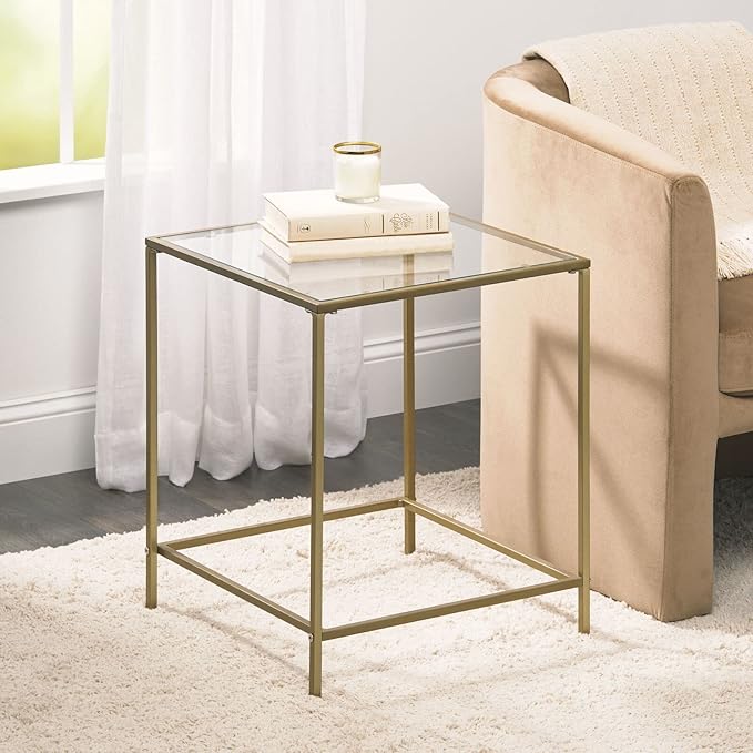 mDesign Glass Top Side/End Table - Small Minimalistic Square Geometric Accent Metal Nightstand Furniture for Living Room, Dorm, Home Office, and Bedroom - Soft Brass