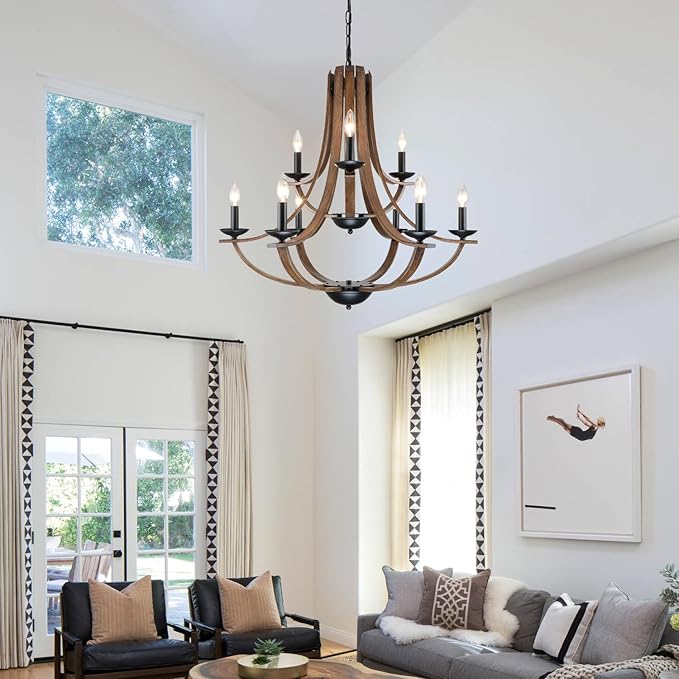 Farmhouse Chandeliers for Dining Room Light Fixture,2 Tier 9-Light 31" Adjustable Height Retro Faux Wood Texture Rustic Light Fixtures for Living Room Bedroom Foyer Entryway