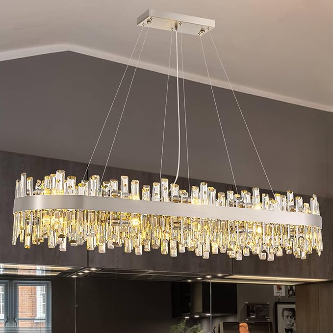 Siljoy Modern Crystal Chandelier, 20-Light Brushed Nickel K9 Crystal Raindrop Chandelier, Luxury Large Dimmable Crystal Ceiling Light for Dining Room Living Room Kitchen Island Entry Foyer L52''