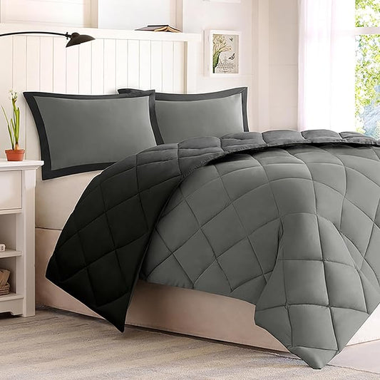 Madison Park Comforter Set, Reversible Down Alternative All Season Microfiber Bedding, 3M Scotchgard Stain Release, Twin/Twin XL Dorm Comforter, Black/Grey