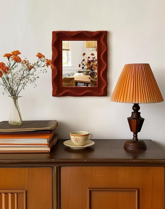 Unique Wall Mirror with Cozy Velvet-Like Touch for Bedroom Decor, 14x12 Funky Decorative Mirrors for Vintage Mid-Century Victorian Home Living Room Office Guest Room (Maroon)