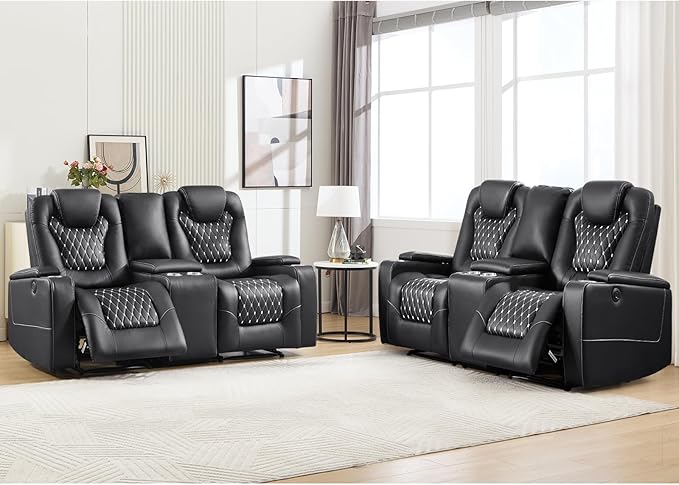 ANJ Power Recliner Sofa Set, Faux Leather Reclining Couch Sets for Living Room, Included 2PC Loveseat Sofa with USB Ports and Cup Holders,Hidden Arm Storage, Black