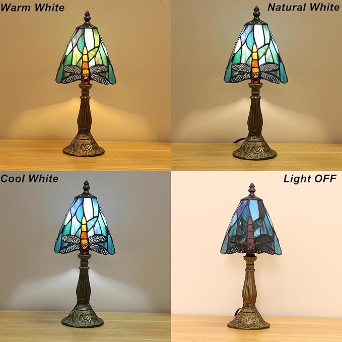 Tiffany Small Lamp Blue Dragonfly Stained Glass Bedside Nightstand Table Lamp,3-Way Color Temperature Handcrafted Lamps for Living Room Bedroom+ LED Bulb,Gifts for Home Decor,6X6X13Inch