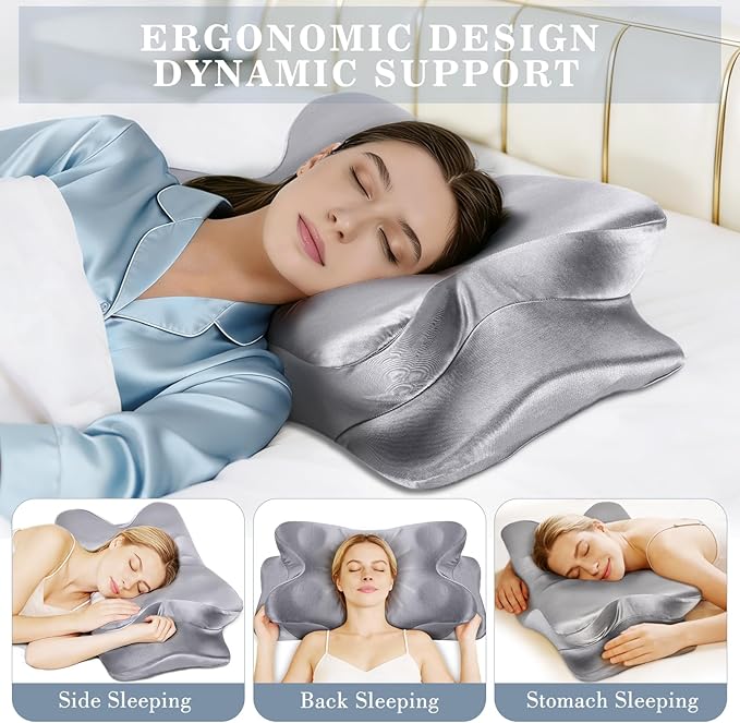 CCidea Bed Pillow for Sleeping, Ergonomic 50D Memory Foam Pillow, Adjustable Dual Height Support Pillow for Side Back Stomach Sleepers, Satin Cooling Breathable Pillowcase, US Patent, Odorless
