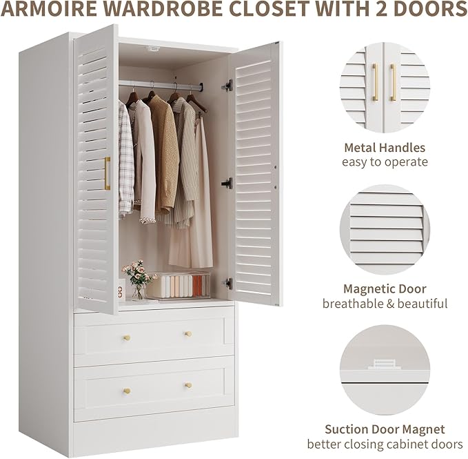 65" Louvered Armoire Wardrobe Closet, Wood Clothing Storage Cabinets with 2 Doors and 2 Drawers, Wooden Wardrobe Closet with Hanging Rod for Bedroom, Cloak Room, Laundry Room, Entrance Hall, White